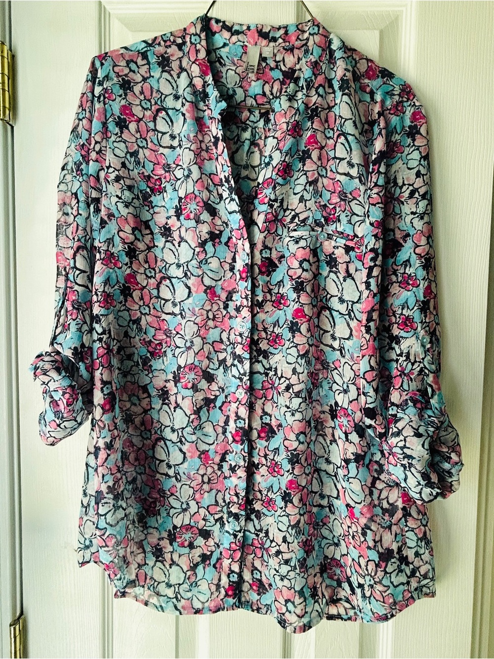 Kut from the Kloth Floral Button-Down sheer Shirt in Pink & Light Blue